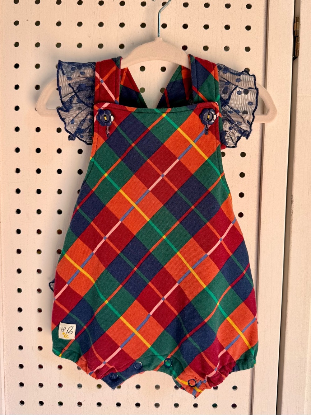 Wildflowers Clothing Colorful Plaid Bubble Romper - 6M | Navy Mesh Ruffle Back